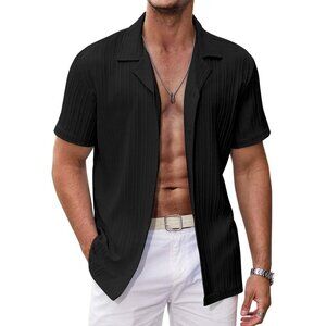 Men's Black Casual Short Sleeve Button Down Textured Beach Shirts